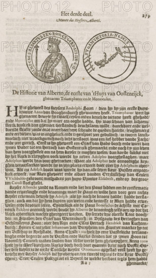 Medal with portrait of Emperor Albertus, print, book illustration, printmaker: Adolph Roelofsz Rutgers, Amsterdam, publisher: Nicolaes Biestkens, 1617, paper, woodcut, letterpress printing, woodcut and text in letterpress, height 317 mm x width 195 mm, A faded page with two circular coin-like illustrations near the top, the left showing a crowned profile of a robed figure holding a scepter and orb, the right showing a circular design with a segmented border and a decorative motif in the center with arrow-like elements along the rim; below the illustrations is dense printed text in a uniform serif type filling most of the page, with a larger initial letter at the start of the main paragraph and slightly darker text near the top, all on a textured, aged paper background with small spots and faint discoloration.