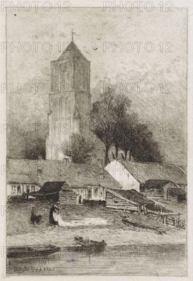 Village with church tower by the water, print, Village with a church tower by the water. On the bank a woman laying out laundry to dry., printmaker: Piet Schipperus, Netherlands, 1850 - 1929, paper, chine collé, etching, etching on chine collé, height 168 mm x width 111 mm, parts of church exterior and annexes: tower, village, A tall stone tower with a pitched roof and a weather vane rises behind a row of trees, its façade showing vertical lines and arched openings; in front of the tower are low buildings with sloped roofs and small windows, clustered along a shoreline where a few small boats float on calm water; on the shore a woman stands holding a cloth or sheet while another figure nearby appears seated or crouched with a basket, and other small figures are scattered near the buildings; the scene is rendered in fine etched lines with textured shading and a cloudy sky with small birds.