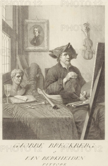 Portrait of artist Job Adriaensz Berckheyde, Portraits of artists, print, book illustration, Jacob Berckehyde, seated behind his easel, with palette and brush in hand. In the foreground left, a table on which lie a recorder, compass, book, plaster bust, and glass. A violin and a portrait hang on the wall., printmaker: Carlo Gregori, Italy, after drawing by Giovanni Domenico Campiglia, after painting by Job Adriaensz Berckheyde, 1752 - 1762, paper, engraving, height 276 mm x width 181 mm, A seated man wearing a wide, floppy hat and a loose garment holds a brush in one hand and a palette in the other while facing an easel at the right edge of the image; a violin hangs on the wall behind him and a framed oval portrait is visible on the wall above his shoulder; to the left a window with panes lets light into the room and a table in the foreground is covered with a fringed cloth on which lie a sculpted head, an open book with a rolled paper, a glass with a stem, a long rolled sheet, and dra...