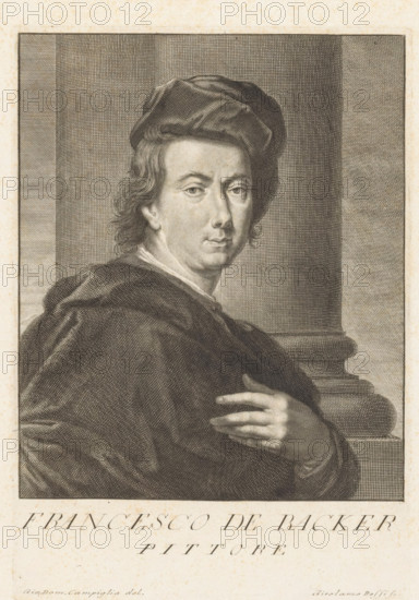 Portrait of painter Johannes Frans de Backer, Portraits of artists, print, book illustration, printmaker: Girolamo Rossi (II), Italy, after drawing by Giovanni Domenico Campiglia, 1752 - 1762, paper, engraving, etching, etching and engraving, height 257 mm x width 178 mm, A monochrome engraved portrait of a man shown from the chest up, wearing a loose dark robe and a soft beret-style hat, with wavy hair visible at the sides and a hand resting on his chest; his face is turned slightly toward the viewer with a calm expression, and behind him is an architectural column and a vertically lined background.