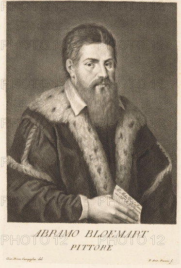 Abramo Bloemart, Portrait of an unknown artist, Portraits of artists, print, book illustration, printmaker: Antonio Pazzi, Italy, after drawing by Giovanni Domenico Campiglia, after painting by Abraham Bloemaert, 1752 - 1762, paper, engraving, gravure, height 267 mm x width 178 mm, Francesco. Serie di ritratti degli eccellenti pittori dipinti di propria mano, che esistono nell'Imiperial Galleria di Firenze. Florence: 1752-1762., Person, historical persons, portrait, self-portrait of artist, A monochrome engraved portrait of a bearded man shown from the chest up wearing a fur-trimmed cloak over a collared garment, his hair combed back and a long full beard, gazing slightly toward the viewer with a neutral expression, one hand visible holding a folded paper, against a finely crosshatched background.