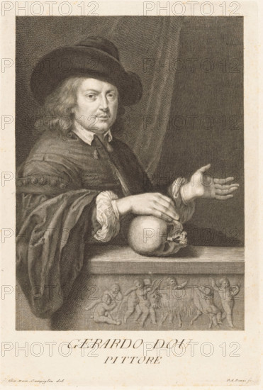 Portrait of artist Gerard Dou, Portraits of artists, print, book illustration, The artist Gerard Dou with a hat, behind a balustrade with a bas-relief on it, his hand resting on a skull., printmaker: Antonio Pazzi, Italy, after drawing by Giovanni Domenico Campiglia, after painting by Gerrit Dou, 1752 - 1762, paper, engraving, etching, etching and engraving, height 292 mm x width 197 mm, Francesco. Serie di ritratti degli eccellenti pittori dipinti di propria mano, che esistono nell'Imiperial Galleria di Firenze. Florence: 1752-1762., Person, piece of sculpture, reproduction of a piece of sculpture, historical persons, portrait, self-portrait of artist, (human) skull, A monochrome engraved portrait of a seated man wearing a wide-brimmed hat and voluminous cloak, his shoulder-length hair visible beneath the hat and a ruffled collar peeking at his neck; one hand rests on a human skull placed on a ledge while the other hand is extended palm up, and the ledge features a carved relief showi...