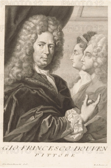 Portrait of artist Jan Frans van Douven, Portraits of artists, print, book illustration, printmaker: Antonio Pazzi, Italy, after drawing by Giovanni Domenico Ferretti, after painting by Jan Frans van Douven, 1752 - 1762, paper, engraving, gravure, height 276 mm x width 184 mm, Francesco. Serie di ritratti degli eccellenti pittori dipinti di propria mano, che esistono nell'Imiperial Galleria di Firenze. Florence: 1752-1762., Person, historical persons, portrait, self-portrait of artist, A detailed black and white engraving showing a three-quarter view of a man with elaborate curly hair wearing a voluminous dark robe with visible folds and a light ruffled cuff, his face turned slightly toward the viewer with a composed expression; behind him are two profile busts of figures with styled hair, one wearing a small decorative headpiece, all set against a lightly lined background and framed by a darker drapery in the upper left.