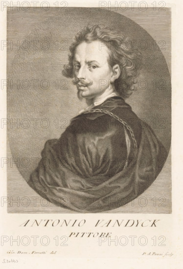 Portrait of artist Anthony van Dyck, Portraits of artists, print, book illustration, printmaker: Antonio Pazzi, Italy, after drawing by Giovanni Domenico Ferretti, after painting by Anthony van Dyck, 1752 - 1762, paper, engraving, gravure, height 267 mm x width 183 mm, Francesco. Serie di ritratti degli eccellenti pittori dipinti di propria mano, che esistono nell'Imiperial Galleria di Firenze. Florence: 1752-1762., Person, historical persons, portrait, self-portrait of artist, A monochrome engraved portrait of a man shown from the shoulders up, turned in three-quarter view to look over his shoulder toward the viewer, with wavy hair falling to his collar, a curled mustache and a small pointed beard, wearing a draped cloak with visible folds and a chain across one shoulder, set within an oval shaded background and surrounded by a rectangular border.