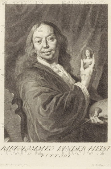 Portrait of artist Bartholomeus van der Helst, Portraits of artists, print, book illustration, printmaker: Carlo Gregori, Italy, after drawing by Giovanni Domenico Campiglia, after painting by Bartholomeus van der Helst, 1752 - 1762, paper, engraving, height 275 mm x width 185 mm, A monochrome engraved portrait of a seated person with long wavy hair wearing a draped garment and a ruffled cuff, looking toward the viewer with a slight smile, holding a small oval portrait of a young woman between thumb and fingers, while the other hand rests on a palette and brushes; a heavily shaded draped background fills the upper area and part of a carved chair back is visible at the side.