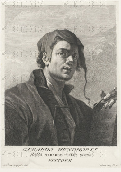 Portrait of artist Gerard van Honthorst, Portraits of artists, print, book illustration, printmaker: Cosimo Mogalli, Italy, after drawing by Giovanni Domenico Campiglia, 1677 - 1730, 1731 - 1732, paper, engraving, height 254 mm x width 181 mm, Print used for Antonio Francesco Gori, Museum Florentinum, Florence: ex Typographia Michaelis Nestenus et Francisci Moücke, 1731-1732, vol. V., Person, Gerard van Honthorst, historical persons, portrait, self-portrait of painter, A black and white engraved portrait of a young man shown from the chest upward, wearing a loose coat with a high collar and a scarf tied around his neck, his head slightly turned with a cap draped over his hair and a curled lock falling near his face, his expression neutral to contemplative with prominent eyes and defined facial features, one hand visible at the edge of the image holding the corner of a canvas or board, and a background filled with horizontal engraved lines and soft cloud-like shapes.