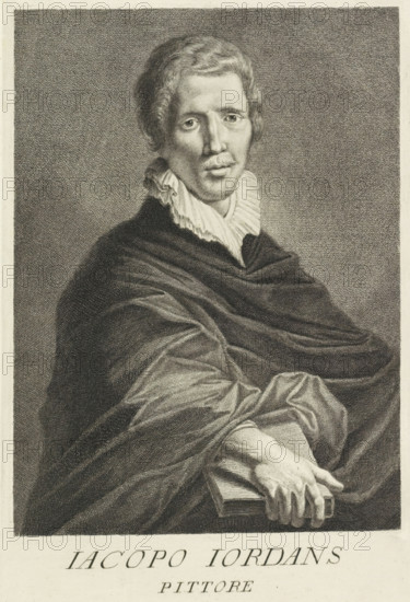 Portrait of artist Jacques Jordaens, Portraits of artists, print, book illustration, printmaker: Giovanni Domenico Campiglia, Italy, 1752 - 1762, paper, engraving, gravure, height 274 mm x width 175 mm, A monochrome engraved portrait of a man shown from the waist up, facing slightly toward the viewer with a calm expression, short wavy hair, a mustache, and a neatly trimmed beard. He wears a high ruffled collar and a dark draped cloak with visible folds and textured shading. One hand rests on a closed book at the lower edge of the image, the fingers visible and relaxed. The background is crosshatched and uniform, and the image is framed by a narrow border.