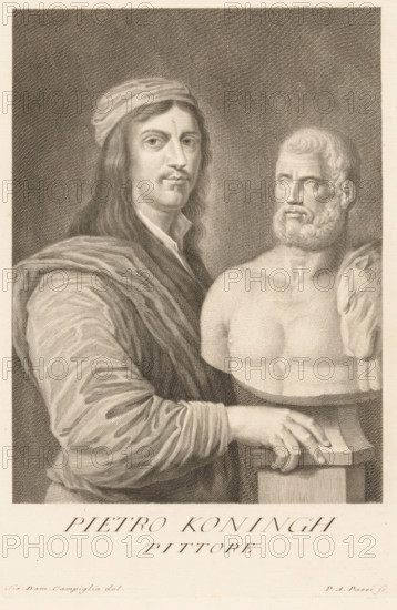 Portrait of artist Philips Koninck, Portraits of artists, print, book illustration, printmaker: Antonio Pazzi, Italy, after drawing by Giovanni Domenico Campiglia, after painting by Philips Koninck, 1752 - 1762, paper, engraving, gravure, height 278 mm x width 187 mm, Francesco. Serie di ritratti degli eccellenti pittori dipinti di propria mano, che esistono nell'Imiperial Galleria di Firenze. Florence: 1752-1762., Person, historical persons, portrait, self-portrait of artist, (story of) Hercules (Heracles), A monochrome engraved image shows a long-haired person wearing a headwrap and draped clothing, looking toward the viewer with a neutral expression while resting a hand on a small plinth; beside them is a classical-style bust of a bearded, bare-chested man with curly hair positioned on the same plinth, and the background is filled with fine crosshatching.