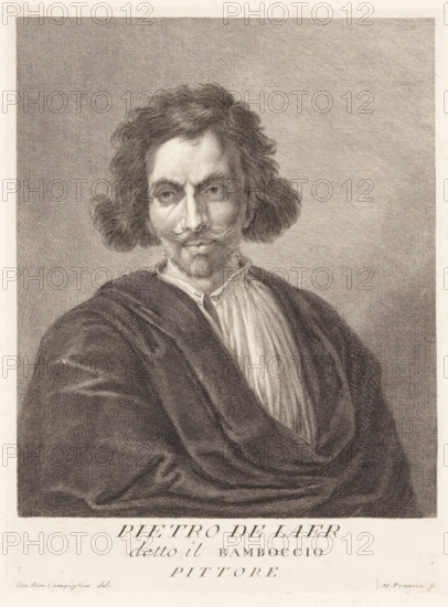 Portrait of artist Pieter Bodding van Laer, Portraits of artists, print, book illustration, printmaker: Francesco Maria Francia, Italy, after drawing by Giovanni Domenico Campiglia, 1752 - 1762, paper, engraving, gravure, height 241 mm x width 181 mm, A detailed black and white engraved portrait of a man shown from the chest up wearing a draped dark cloak over a lighter shirt with a high collar, his face framed by curly hair that extends to the sides and a mustache with a small pointed beard, his eyes looking slightly to one side, set against a finely cross-hatched neutral background.