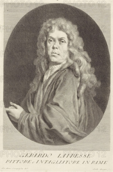 Portrait of artists Gerard de Lairesse, Portraits of artists, print, book illustration, printmaker: Carlo Gregori, Italy, after drawing by Giovanni Domenico Campiglia, 1752 - 1762, paper, engraving, gravure, height 275 mm x width 181 mm, A sepia-toned engraved portrait of a person shown from the waist up inside an oval frame, with long curly hair falling over the shoulders, a ruffled collar visible at the neck, loose draped clothing with visible folds and shading, the face turned slightly toward the viewer with a neutral expression and detailed rendering of eyes, nose, and mouth, one hand partially visible near the lower left edge of the oval, and finely hatched background and border lines surrounding the oval.