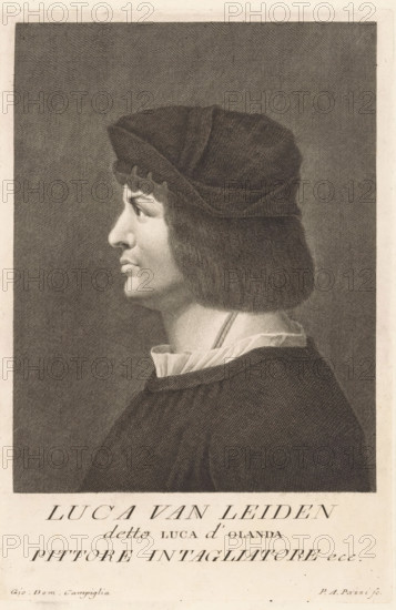 Portrait of artist Lucas van Leyden, Portraits of artists, print, book illustration, printmaker: Antonio Pazzi, Italy, after drawing by Giovanni Domenico Campiglia, after painting by Lucas van Leyden (possibly), 1752 - 1762, paper, engraving, etching, etching and engraving, height 275 mm x width 183 mm, Print possibly after a self-portrait by Lucas van Leyden. Print from: Moücke, Francesco. Serie di ritratti degli eccellenti pittori dipinti di propria mano, che esistono nell'Imiperial Galleria di Firenze. Florence: 1752-1762., Person, historical persons, portrait, self-portrait of artist, A monochrome engraved portrait showing a person in profile facing left, wearing a soft, rounded hat and thick, straight hair that reaches just above the shoulders, with a scalloped fringe above the forehead; the face has a pronounced nose and a closed mouth with a slight downturn at the corners, and the ear is partially visible beneath the hair; the neck is exposed and a ruffled collar peeks out above...