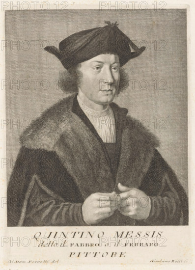 Portrait of artist Quinten Massijs, Portraits of artists, print, book illustration, printmaker: Girolamo Rossi (II), Italy, after drawing by Giovanni Domenico Ferretti, after painting by Quinten Massijs (I), 1752 - 1762, paper, etching, height 245 mm x width 178 mm, A monochrome engraved portrait of a man shown from the waist up wearing a dark robe with a fur collar and a wide-brimmed hat with upturned sides, his hair curled at the sides, a high-collared shirt visible at his throat, his hands held together at midline with one hand touching a ring on a finger, his face turned slightly to the viewer's right with a neutral expression, set against a finely crosshatched background.