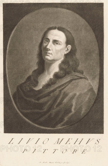 Portrait of artist Lieven Mehus, Portraits of artists, print, book illustration, printmaker: Antonio Pazzi, Italy, after painting by Lieven Mehus (possibly), 1752 - 1762, paper, engraving, height 260 mm x width 179 mm, Print possible after a self-portrait by Lieven Mehus. Print from: Moücke, Francesco. Serie di ritratti degli eccellenti pittori dipinti di propria mano, che esistono nell'Imiperial Galleria di Firenze. Florence: 1752-1762, vol. I., Person, historical persons, portrait, self-portrait of artist, A grayscale engraved portrait of a person shown from the chest up within an oval frame, with long wavy hair falling over the shoulders and a smooth, draped garment covering the upper torso; the face is turned slightly toward the viewer with a neutral expression, pronounced cheekbones, a straight nose, and visible ears, all rendered with fine crosshatching and stippling that creates soft shading and texture against a darker hatched background.