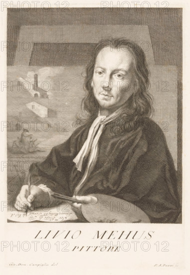 Portrait of artist Lieven Mehus, Portraits of artists, print, book illustration, printmaker: Antonio Pazzi, Italy, after drawing by Giovanni Domenico Campiglia, after painting by Lieven Mehus, 1752 - 1762, paper, engraving, gravure, height 273 mm x width 181 mm, Francesco. Serie di ritratti degli eccellenti pittori dipinti di propria mano, che esistono nell'Imiperial Galleria di Firenze. Florence: 1752-1762, vol. III., Person, historical persons, portrait, self-portrait of painter, tools, implements of painter, A monochrome engraved portrait of a long-haired man shown from the waist up, seated and turned slightly toward the viewer, wearing a dark draped garment and a light scarf tied at the neck; his hands rest on a table holding a brush and palette, and his face has a composed expression with detailed shading and fine linework; behind him is a background with architectural forms and a distant landscape scene including small buildings and a seated figure; the image is bordered by a pla...