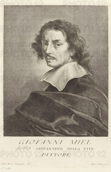 Portrait of artist Jan Miel, Portraits of artists, print, book illustration, printmaker: Carlo Gregori, Italy, after drawing by Giovanni Domenico Campiglia, 1752 - 1762, paper, engraving, gravure, height 262 mm x width 178 mm, A detailed engraved portrait of a man shown from the chest up turned slightly to his right, with wavy shoulder-length hair, arched eyebrows, a mustache, and a contemplative facial expression; he wears a wide, flat collar over dark draped robes, and the background consists of fine crosshatched lines creating a textured backdrop.