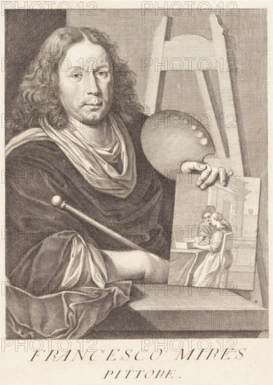 Portrait of artist Frans van Mieris, Portraits of artists, print, book illustration, printmaker: Francesco Maria Francia, Italy, after drawing by Giovanni Domenico Ferretti, 1752 - 1762, paper, engraving, gravure, height 266 mm x width 184 mm, A detailed engraved portrait of a man with long wavy hair and a calm facial expression, shown from the torso up and facing forward, wearing draped garments and a scarf around his neck; he rests one arm across a surface and holds a painter's palette in one hand while a staff or rod lies across his chest; behind him an easel is visible and a small inset panel on the right shows two seated figures at a table inside an interior scene; the image is rendered in fine line work and shading.