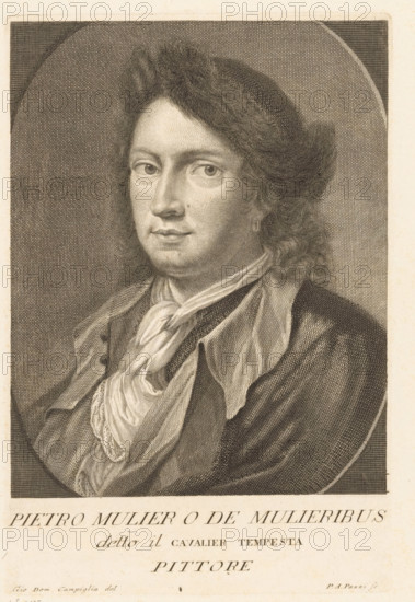 Portrait of artist Pieter de Molijn, Portraits of artists, print, book illustration, printmaker: Antonio Pazzi, Italy, after drawing by Giovanni Domenico Campiglia, after painting by Pieter de Molijn (possibly), 1752 - 1762, paper, engraving, gravure, height 264 mm x width 175 mm, Print possibly after a self-portrait by Pieter de Molijn. Print from: Moücke, Francesco. Serie di ritratti degli eccellenti pittori dipinti di propria mano, che esistono nell'Imiperial Galleria di Firenze. Florence: 1752-1762., Person, historical persons, portrait, self-portrait of artist, A black and white engraved portrait of a person shown from the chest up inside an oval frame, with shoulder-length wavy hair, a neutral facial expression, and a small earring visible on one ear; the person wears layered clothing including a loose scarf tied around the neck and a buttoned coat, and the background consists of fine crosshatching within the oval.