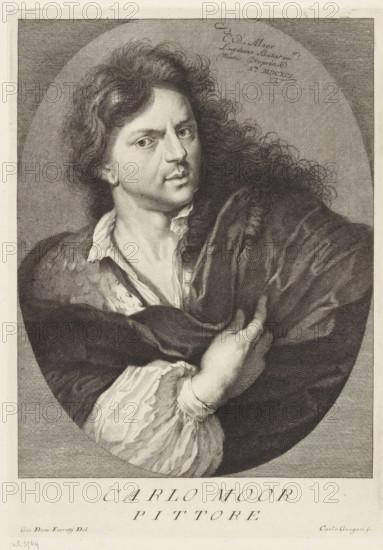 Portrait of artist Carel de Moor, Portraits of artists, print, book illustration, printmaker: Carlo Gregori, Italy, after drawing by Giovanni Domenico Ferretti, 1752 - 1762, paper, engraving, gravure, height 255 mm x width 180 mm, A black and white engraved portrait of a man shown from the torso up within an oval frame, facing slightly left with his head turned toward the viewer; he has wavy, shoulder-length hair and a focused expression with prominent eyes and a slightly parted mouth; he wears a loose, open-collared shirt beneath a dark draped cloak that he holds across his chest with one hand, the other hand resting beneath the fabric; the background is filled with fine crosshatching and the image is bordered by a rectangular outer frame.