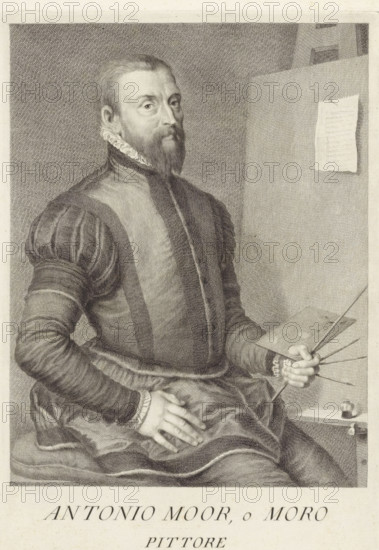 Portrait of artist Anthonis Mor, Portraits of artists, print, book illustration, printmaker: Carlo Gregori, Italy, after drawing by Giovanni Domenico Campiglia, after painting by Anthonis Mor, Netherlands, 1752 - 1762, paper, engraving, gravure, height 274 mm x width 182 mm, A seated man shown from the thighs up wears a dark, textured doublet with puffed sleeves and a high, ruffled collar; he has a trimmed beard and short hair and looks slightly toward the viewer. His right hand rests on his lap while his left hand holds a rectangular palette and several thin long brushes or rods. Behind him on the right is a vertical board or easel with a sheet of paper attached. The image is rendered in a detailed, crosshatched monochrome style.
