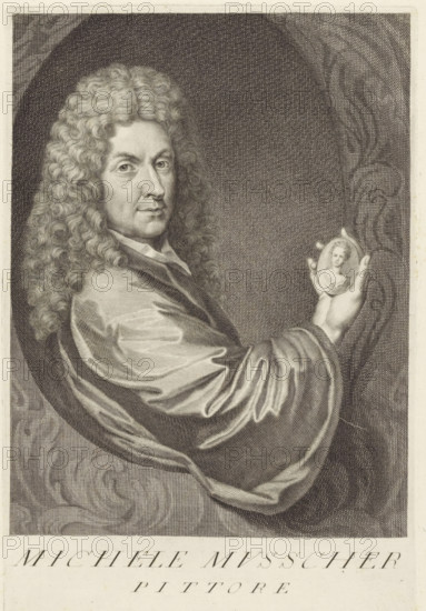 Portrait of artist Michiel van Musscher, Portraits of artists, print, book illustration, printmaker: Giovanni Battista Jacoboni, Italy, after drawing by Giovanni Domenico Campiglia, 1752 - 1762, paper, engraving, gravure, height 268 mm x width 176 mm, A monochrome engraved portrait of a person shown from the chest up turned slightly to the side, with long curly hair cascading over the shoulders and a calm facial expression, wearing a draped garment with flowing folds and holding a small oval medallion in an outstretched hand that contains a tiny portrait; the background features crosshatched shading and decorative swirling patterns.