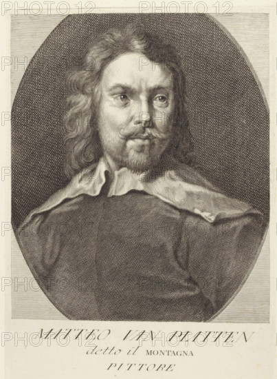 Portrait of artist Matthieu van Plattenberg, Portraits of artists, print, book illustration, printmaker: Carlo Gregori, Italy, after drawing by Giovanni Domenico Campiglia, 1752 - 1762, paper, engraving, gravure, height 252 mm x width 177 mm, A detailed black and white engraved portrait of a man shown from the chest up inside an oval frame, with wavy shoulder-length hair, a mustache and beard, and a high forehead; he wears a loose collar over a dark garment and looks slightly to one side, with fine crosshatching and line work creating shading and texture across his face, hair, clothing, and the patterned background.
