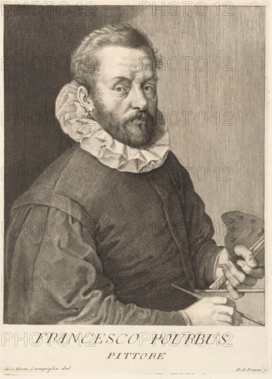 Portrait of artist Frans Pourbus II, Portraits of artists, print, book illustration, inscription: 'to this. The same side, without hands In the margin Frans Pourbuis Pitt. Fiamm. Mus... H de: G. Betti sc. 198', printmaker: Antonio Pazzi, Italy, after drawing by Giovanni Domenico Campiglia, after painting by Frans Pourbus (II), 1752 - 1762, paper, engraving, etching, etching and engraving, height 244 mm x width 177 mm, Francesco. Serie di ritratti degli eccellenti pittori dipinti di propria mano, che esistono nell'Imiperial Galleria di Firenze. Florence: 1752-1762., Person, historical persons, portrait, self-portrait of painter, tools, implements of painter, A sepia-toned engraved portrait of a bearded man shown from the waist up wearing a dark, textured garment with voluminous sleeves and a high, ruffled collar; he faces slightly toward the viewer with a calm expression and short, wavy hair, and his hands are visible holding a palette and brushes near the lower right, while the backgro...