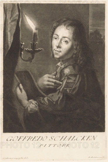 Portrait of artist Godfried Schalcken, Portraits of artists, print, book illustration, printmaker: Antonio Pazzi, Italy, after drawing by Giovanni Domenico Campiglia, after painting by Godfried Schalcken, 1752 - 1762, paper, engraving, gravure, height 271 mm x width 182 mm, Francesco. Serie di ritratti degli eccellenti pittori dipinti di propria mano, che esistono nell'Imiperial Galleria di Firenze. Florence: 1752-1762., Person, historical persons, portrait, self-portrait of artist, A framed monochrome engraving of a young person with long wavy hair looking toward the viewer while holding an open book in one hand and touching their chest with the other, wearing a garment with visible folds and a ruffled cuff, a lit candle in a wall-mounted holder beside them casting light on their face, a draped curtain to the side, and a dark textured background.