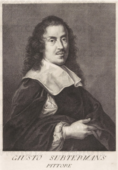 Portrait of artist Justus Sustermans, Portraits of artists, print, book illustration, printmaker: Francesco Maria Francia, Italy, after drawing by Giovanni Domenico Ferretti, 1752 - 1762, paper, engraving, gravure, height 274 mm x width 180 mm, A monochrome engraved portrait of a seated man shown from the waist up, turned slightly to his right, with long wavy hair falling to his shoulders and a thin mustache and small beard on his chin; he wears a dark robe with voluminous sleeves and a large white collar with visible fabric folds, and his hands are folded at his waist with one hand resting over the other; the background is a evenly shaded textured field and the image has a pale border around it.