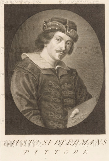 Portrait of artist Justus Sustermans, Portraits of artists, print, book illustration, printmaker: Antonio Pazzi, Italy, after painting by Justus Sustermans (attributed to), 1752 - 1762, Attributed to, paper, engraving, gravure, height 276 mm x width 177 mm, Francesco. Serie di ritratti degli eccellenti pittori dipinti di propria mano, che esistono nell'Imiperial Galleria di Firenze. Florence: 1752-1762., Person, historical persons, portrait, self-portrait of painter, tools, implements of painter, A sepia-toned engraved portrait shows a man from the torso up set inside an oval frame, wearing a soft cap decorated with small round accents and a collared garment with layered fabric at the shoulders and a patterned front featuring rows of looped embellishments; his hair is medium length and frames a clean-shaven face with a narrow mustache and a small pointed beard, and he gazes slightly to the viewer's right while holding a flat rectangular object with one hand visible at the lower edge.