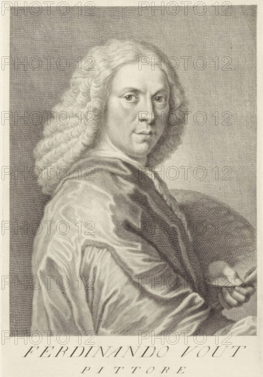 Portrait of artist Jacob Ferdinand Voet, Portraits of artists, print, book illustration, printmaker: Carlo Gregori, Italy, after drawing by Giovanni Domenico Campiglia, 1752 - 1762, paper, engraving, gravure, height 265 mm x width 175 mm, A monochrome engraved portrait of a person shown from the shoulders up in three-quarter view, with long wavy hair cascading over the shoulders, a contemplative facial expression, and detailed shading on the face and neck; the figure wears draped clothing with flowing folds and holds a round object near the lower right, while a densely crosshatched background fills the surrounding space.