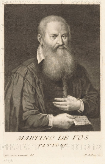 Portrait of artist Maerten de Vos, Portraits of artists, print, book illustration, printmaker: Antonio Pazzi, Italy, after drawing by Giovanni Domenico Ferretti, after painting by Maerten de Vos (possibly), 1752 - 1762, paper, engraving, height 281 mm x width 180 mm, possibly a self-portrait of Maerten de Vos. Print from: Moücke, Francesco. Serie di ritratti degli eccellenti pittori dipinti di propria mano, che esistono nell'Imiperial Galleria di Firenze. Florence: 1752-1762., Person, historical persons, portrait, self-portrait of artist, A monochrome engraved portrait of a bearded man shown from the torso up, facing slightly to his left, with a long full beard and short hair; he wears a collared garment under a voluminous robe with visible folds and textured shading; one hand rests on his chest with a ring on a finger and the other hand holds a piece of folded paper; the background behind him is dark and crosshatched, and there is a broad light border around the image.