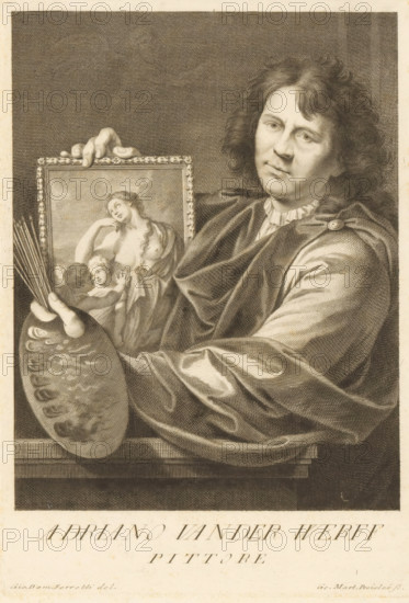Portrait of Adriaen van der Werff, print, printmaker: Georg Martin Preissler, after design by Giovanni Domenico Ferretti, 1710 - 1754, paper, engraving, gravure, height 274 mm x width 188 mm, Person, Adriaen van der Werff, portrait, self-portrait of painter, A monochrome engraved portrait of a man shown from the waist up holding a framed painting in one hand and an artist's palette with brushes in the other, the man has wavy hair, a calm facial expression, and wears a draped garment with a ruffled collar and a cloak fastened at the shoulder, the framed painting within the image depicts a partially nude woman with long hair leaning toward two small figures, the palette shows multiple oval paint wells and the brushes extend upward from it, the background is filled with dense crosshatching and the lower portion of the image includes a wide blank band below the figure.