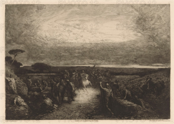 Landscape with a horseman in a crowd, Dans les campagnes de Rome., print, Numbered 7 in the upper right., printmaker: François Nicolas Chifflart, France, publisher: widow Alfred Cadart, Paris, 1881, paper, etching, drypoint, intaglio printmaking technique, height 199 mm x width 279 mm, riding a horse, ass, or mule, rider, horseman, plain, A wide dark landscape scene with a luminous sky filled with textured clouds above a distant horizon, a narrow reflective pathway or stream running toward the foreground, and groups of shadowed human figures gathered along and near the path, some standing, some seated or reclining, with a few figures in motion that create blurred, lighter impressions. Dense, scribbled vegetation and rocky banks flank the central pathway, and a solitary umbrella-shaped tree stands on the left ridge against the sky. The overall image is rendered in monochrome with varied hatch marks and crosshatching creating deep shadows and softer illuminated areas.