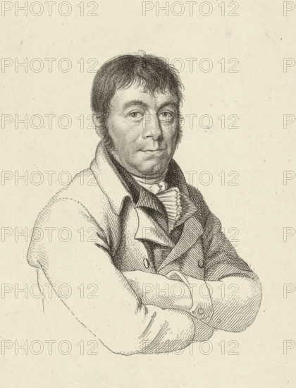 Portrait of Dirk Versteegh, print, Portrait of the artist Dirk Versteegh., name: 'D.Versteegh, Kunstminn.', printmaker: Jacob Ernst Marcus (signed by artist), Amsterdam, after drawing by Hendrik Willem Caspari, 1814, paper, pencil, etching, stippelets, stippelets and pencil, print from a plate partially covered with paper, height 151 mm x width 115 mm, Etudes gravées. Amsterdam: S. de Grebber, 1826., Person, Dirk Versteegh, A monochrome engraved portrait of a man shown from the waist up with his arms crossed, featuring short, slightly tousled hair and sideburns, a lined face with a neutral expression, detailed shading on the cheeks and forehead, a high-collared shirt with a ruffled front and layered cravat, and a coat with wide lapels and visible buttons, all rendered with fine crosshatching on a plain light background.
