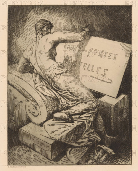 Eaux Fortes Nouvelles, Title print with man on stone monument, Etchings by various printmakers from 1877, L'Eau Forte en 1877, print, title print, printmaker: François Nicolas Chifflart, France, after design by François Nicolas Chifflart, printer (person): widow Alfred Cadart, Paris, publisher: widow Alfred Cadart, 1877, François Nicolas Chifflart, widow Alfred Cadart, printmaker, printer (person), publisher, paper, etching, drypoint, intaglio printmaking technique, height 315 mm x width 240 mm, monument, statue, partially clothed, A monochrome etching shows a muscular male figure seen from behind, leaning forward with one arm extended to press or carve into a large angled slab; the figure wears a draped cloth around the waist and has short curly hair; heavy crosshatching and fine lines render the musculature, folds of the cloth, and shadowed background; a rolled architectural element rests near the figure and rectangular blocks form a base beneath the figure, with cloth pooling and dr...