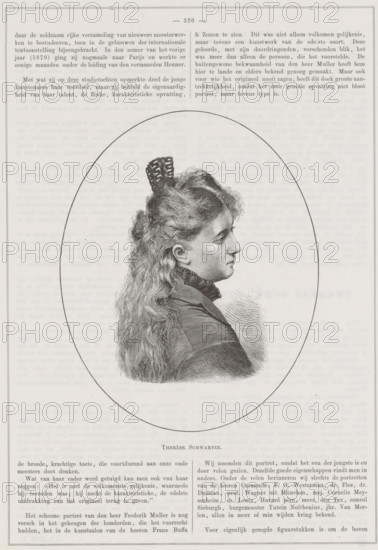 Portrait of Thérèse Schwartze, print, book illustration, Portrait of Thérèse Schwartze in an oval. In the bottom margin her name., printmaker: Smeeton-Tilly, Paris, 1880, paper, wood engraving, letterpress printing, wood engraving and text in letterpress, height 292 mm x width 206 mm, A black and white printed page showing an oval-framed engraved portrait of a woman in profile facing right, with long wavy hair gathered at the back and a decorative hairpiece on top, wearing a high-collared garment and a textured shawl or jacket, surrounded by columns of printed text above and below the portrait.