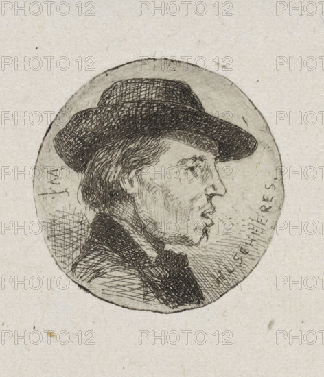 Portrait of Hendricus Johannes Scheeres, print, artist. He is wearing a hat. The name of the sitter is displayed in the lower right corner., printmaker: Jan Weissenbruch, The Hague (possibly), 1837 - 1864, paper, etching, diameter 35 mm, Person, Hendricus Johannes Scheeres, historical persons, portrait, self-portrait of artist, head-gear: hat (men's clothes), A circular ink sketch of a man's profile facing right showing his head and upper shoulders, with a broad-brimmed hat rendered in crosshatched lines, textured hair peeking beneath the hat, a defined nose and lips, visible facial lines and beard stubble made with fine strokes, a collar and upper garment suggested by dense crosshatching, all set against a pale, slightly textured paper background.