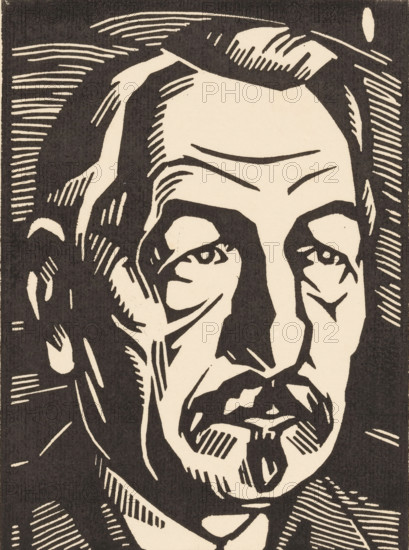 Portrait of Pieter Jelles Troelstra, print, A portrait of politician Pieter Jelles Troelstra, with moustache., number: '1', printmaker: Jacques Jeichienus Ottens (signed by artist), 1926, paper, woodcut, proof, height 317 mm x width 240 mm, Person, Pieter Jelles Troelstra, historical persons, mustache, A high-contrast black and beige woodcut-style portrait fills the frame, showing a man's face with long hair, a furrowed brow, deep-set eyes, prominent cheekbones, and a mustache and beard rendered in bold black shapes and carved line hatching, with thick dark areas suggesting hair and shadow and lighter beige areas forming the skin and highlights against a textured dark background.