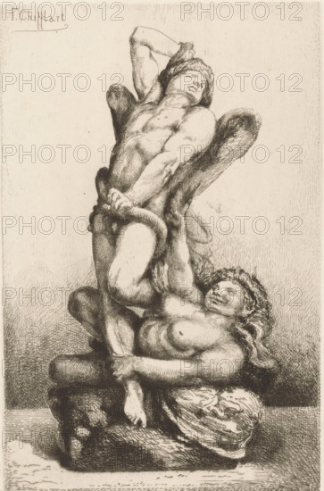 Allegorical representation with naked angel and woman, Les Liens du Mal, L'Eau Forte en 1875, print, printmaker: François Nicolas Chifflart, France, publisher: Alfred Cadart, Paris, 1875, François Nicolas Chifflart, Alfred Cadart, printmaker, publisher, paper, etching, drypoint, intaglio printmaking technique, height 292 mm x width 197 mm, snakes, angels fighting, liberation (of an enslaved person), A tall vertical drawing of two nude figures intertwined on a base, rendered in fine crosshatched lines on a pale background; the upper figure is muscular with wings, leaning back with one arm raised over the head and the other arm and hands gripping a curved rope or serpent that wraps around the lower body, the face turned upward with closed eyes and a band or cloth around the head; the lower figure is reclining against the base with head tilted back and eyes closed, hair flowing in curls, one arm wrapped around the raised leg of the upper figure and the other arm bent across the chest, the...