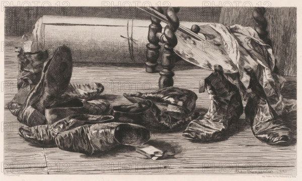 Shoes with painting materials, Souvenirs de voyage., print, printmaker: Jules Ferdinand Jacquemart, France, printer (person): Delâtre, Paris, publisher: Cadart & F. Chevalier, A., 1862, printer (person), paper, chine collé, etching, drypoint, intaglio printmaking technique, drypoint and plate tone on chine collé, height 241 mm x width 341 mm, shoes, sandals, palette, A horizontal black and white drawing showing a wooden floor scattered with several worn shoes and slippers, some lying on their sides and some upright, with visible creases and scuffed surfaces. In the background a large rolled canvas or cloth rests against a wall, tied with a piece of string. Part of a turned wooden stool or leg is visible near the center, with a palette and a paintbrush resting on and against it. A crumpled piece of fabric drapes over the stool and partly covers one shoe. The composition features detailed crosshatching and woodgrain textures throughout.