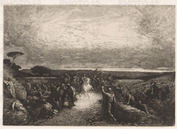 Landscape with a horseman in a crowd, Dans les campagnes de Rome., print, printmaker: François Nicolas Chifflart, France, 1881, paper, chine collé, etching, drypoint, intaglio printmaking technique, drypoint and plate tone on chine collé, height 200 mm x width 281 mm, riding a horse, ass, or mule, rider, horseman, plain, A wide dark-toned landscape drawing with a dramatic sky full of textured clouds occupying the upper area, a distant flat horizon line, and a path running from foreground to midground. Along the path and extending into the darker middle ground are many small human figures gathered and moving, some standing and some seated, rendered in sketchy lines and silhouettes. In the foreground a few larger, more detailed figures stand near the path, one raising an arm and another facing forward with faint light on their torso. On the left foreground are rocky outcrops and reclining figures, with a leaning tree and dense foliage farther back. The right foreground shows low vegetati...