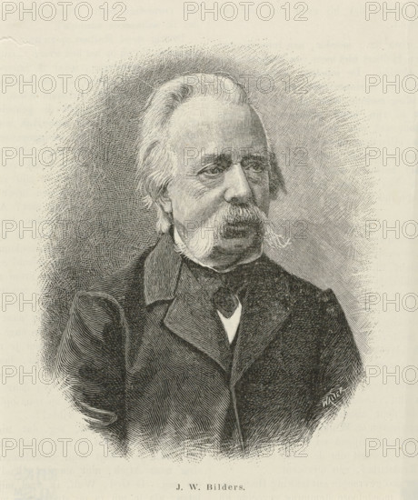 Portrait of Johannes Warnardus Bilders, print, book illustration, Portrait of Johannes Warnardus Bilders. His name in the lower margin., printmaker: Johannes Walter, Netherlands, 1849 - 1895, paper, wood engraving, letterpress printing, wood engraving and text in letterpress, height 139 mm x width 115 mm, Person, Johannes Warnardus Bilders, A black and white engraved portrait of an older man shown from the chest up with wavy hair swept back, prominent bushy mustache and sideburns, and a lined face with visible eye sockets and wrinkles; he is wearing a dark suit jacket with a high collar, a vest, and a cravat or necktie, and a textured halo-like background of fine crosshatching surrounds his head and shoulders.