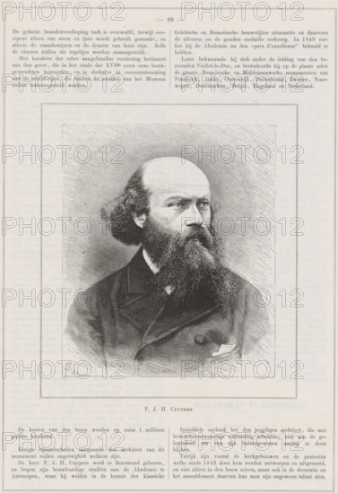 Portrait of Pierre Joseph Hubert Cuypers, print, book illustration, Portrait of Pierre Joseph Hubert Cuypers. His name in the lower margin., printmaker: Smeeton-Tilly, Paris, 1877, paper, wood engraving, letterpress printing, wood engraving and text in letterpress, height 292 mm x width 204 mm, A detailed engraved portrait of a man shown from the chest up within a rectangular framed vignette, featuring a high forehead and receding hairline with full, wavy hair at the sides, a thick mustache and long, full beard, and a serious expression with eyes gazing slightly to the side; he is dressed in a dark double-breasted coat with a visible pocket square and a collared shirt, the background filled with fine, radiating engraved lines, all printed on a page with narrow margins and additional blocks of printed text above and below the portrait.