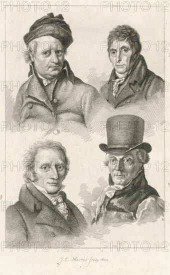 Portraits of Wybrand Hendriks, Abraham van Strij, Adriaan de Lelie and Michiel Versteegh, print, Portraits of the artists Wybrand Hendriks, Adriaan de Lelie and Michiel Versteegh., printmaker: Jacob Ernst Marcus, Amsterdam, 1820, paper, pencil, etching, stippelets, etching stippelets and pencil, height 236 mm x width 144 mm, Later state of the print used in: Roeland van Eynden, Adriaan van der Willigen, Geschiedenis der vaderlansche schilderkunst, sedert de helft der XVIII eeuw. Haarlem, A. Loosjes, Pz from vol. 3: Wed. A. Loosjes, 4 vols., 1816-40., Person, Wybrand Hendriks, Adriaan de Lelie, Michiel Versteegh, A sepia-toned engraving showing four male bust portraits arranged in a rectangular composition, two at the top and two at the bottom. The upper left man wears a soft cap and a double-breasted coat with a high collar, his hair peeking from beneath the cap and his expression neutral. The upper right man has short, tousled hair and a high-collared coat with a cravat, his face turn...