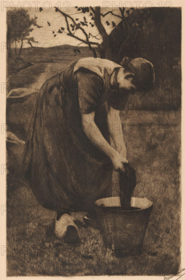 Farmer's wife washing textiles in a bucket, print, signature: 'Willem Witsen', watermark, printmaker: Willem Witsen (signed by artist), Ewijkshoeve (Den Dolder), c. 1886, Willem Witsen, printmaker, Den Dolder, paper, etching, intaglio printmaking technique, drypoint, height 300 mm x width 200 mm, farmers - AA - female farmer, farmer's wife, washing up, A monochrome etching shows a young woman bending forward with her head lowered, wearing a simple dress with short sleeves and an apron, her hair tied back in a bun; she holds a dark cloth that she is wringing over a wooden bucket placed on the grass, with a second smaller container and a piece of cloth on the ground nearby; behind her are a stretch of ground and a fence or wall, and beyond that trees with branches and scattered leaves against a lighter sky, all rendered in fine crosshatched lines and soft tonal shading.