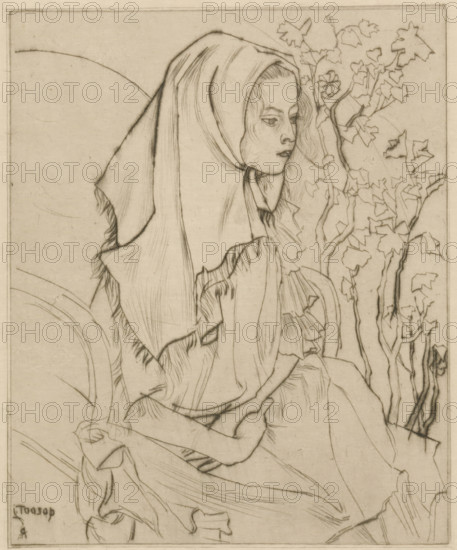 Sick child (original title), Charley Toorop with headscarf in an armchair, print, printmaker: Jan Toorop (signed by artist), 1898, paper, drypoint, intaglio printmaking technique, drypoint with plate tone on zinc, height 168 mm x width 138 mm, historical persons, girl (child between toddler and youth), patient, sick person, A line drawing of a seated figure in profile wearing a hooded garment that drapes over the head and shoulders, with visible flowing hair at the face and edges of the hood; the figure's face shows closed or downward-cast eyes and slightly pursed lips, and the upper body is wrapped in layered fabric with visible folds and fringe. To the right of the figure are tall, thin, branching stems with stylized leaves and a single simple flower near the head. The composition is rendered in fine, dark lines on a light, textured background with a narrow border framing the image.