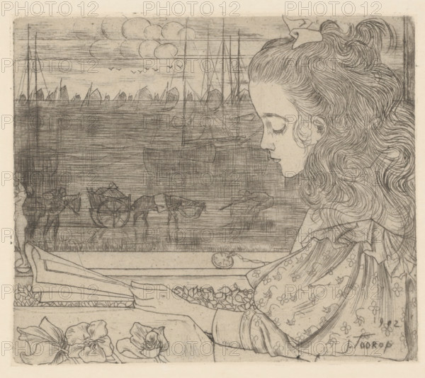 Portrait of Charley Toorop, reading in front of the window, Charley in front of the window (original title), print, printmaker: Jan Toorop, c. 1900, paper, Japanese paper (handmade paper), drypoint, intaglio printmaking technique, drypoint with plate tone on zinc, on Japanese paper, height 120 mm x width 138 mm, Presumably, Toorop dated the print too late at a later time. In July 1900, the print was already reproduced in the magazine 'Dekorative Kunst'., Person, Charley Toorop, historical persons, reading, girl (child between toddler and youth), A detailed pencil or ink drawing of a young woman in profile facing left with long wavy hair held back by a ribbon, closed eyes, and delicate facial features, wearing a patterned garment with floral motifs and holding a rectangular object; behind her is a window or framed view showing a harbor scene with boats and masts on calm water, a shoreline with small structures, a few birds in the sky, and layered clouds, while the foreground below the w...