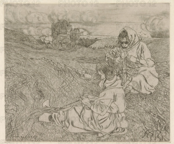Nettenboetsters (original title), Two women mending nets, in Katwijk aan Zee, print, printmaker: Jan Toorop (signed by artist), 1899, paper, Japanese paper (handmade paper), drypoint, intaglio printmaking technique, drypoint with plate tone on zinc, on Japanese paper, height 158 mm x width 189 mm, mending of fishing nets, Katwijk (South Holland), Katwijk aan Zee, A monochrome line drawing shows two seated women in the foreground, one with a hooded garment bending over and working with strands of material and the other turned slightly away, holding a tool and wearing her hair in an updo. Wavy, textured lines fill the surrounding field, suggesting long grasses or flowing material across the ground. In the middle distance there is a horse-drawn cart loaded with a piled mass and a seated figure at the cart, with another small figure leading or walking near the horse. The sky area contains curved, cloudlike shapes and horizontal lines, and there are gentle rolling hills along the horizon. T...