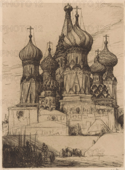 St. Basil's Cathedral in Moscow, print, Exterior view of St. Basil's Cathedral on Red Square in Moscow. On the left in the foreground, several horsemen with lances., printmaker: Marius Bauer (signed by artist), 1900, paper, etching, intaglio printmaking technique, etching with plate tone, height 200 mm x width 148 mm, Russian Orthodox Church, Moscow, St. Basil's Cathedral, A detailed ink drawing of a large cathedral with multiple onion-shaped domes, each topped with a finial, shown in a close-up of the upper structure; the domes have textured, ribbed and scalloped surfaces, and the towers beneath them display arched windows, decorative moldings, and columned facades. The lower portion of the image shows architectural bases, steps, and a platform with small figures and groups of people sketched in the foreground, some mounted on animals and others standing, all rendered with fine cross-hatched lines. The sky is lightly sketched with horizontal, wispy strokes, and the entire composition ...