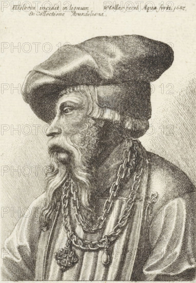 Portrait of a man with beard, beret and necklace, print, printmaker: Wenceslaus Hollar, Antwerp, after painting by Hans Holbein (II), 1647, paper, etching, height 109 mm x width 74 mm, head-gear: cap (men's clothes), beard, anonymous historical person depicted alone, necklace (men's clothes), A detailed black and white engraving of an older man in profile facing left wearing a large soft hat with a folded brim, a full beard and mustache with wavy hair, and layered garments. The man has textured skin with visible wrinkles and a pronounced nose, and his eye is partially visible under a heavy brow. Several heavy linked chains hang around his neck, one ending in a pendant with a woven or lattice-like design and another ending in an oval-shaped ornament. The clothing shows folds and drapery, and fine parallel and cross-hatched lines create shading and texture across the hat, face, chains, and fabric. The background is lightly hatched, leaving the figure prominent.